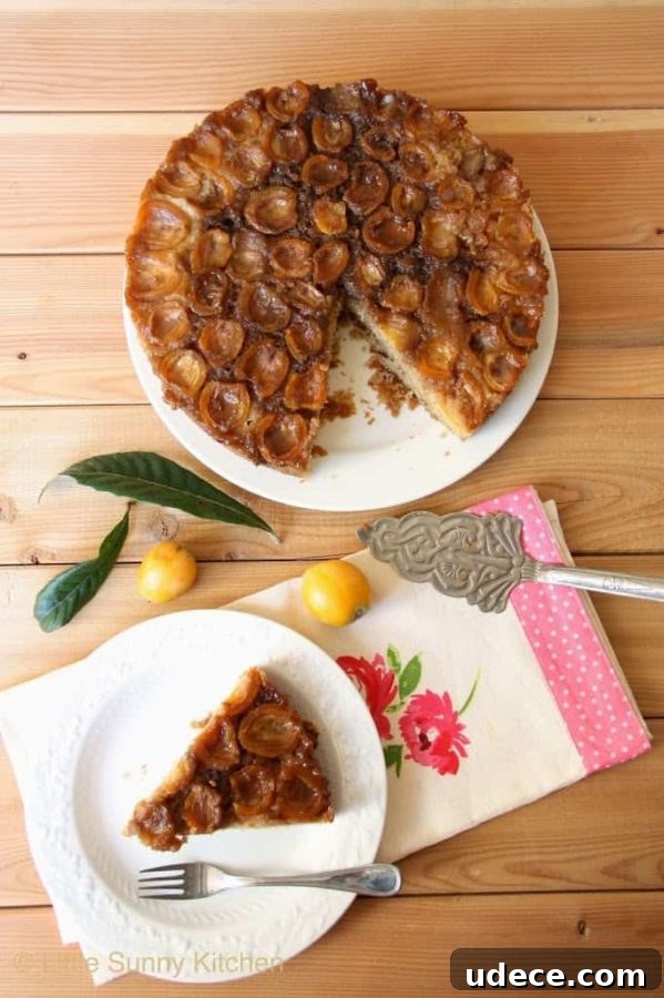 10+ Delicious Loquat Recipes to Try This Season 6 A loquat upside down cake on a wooden table