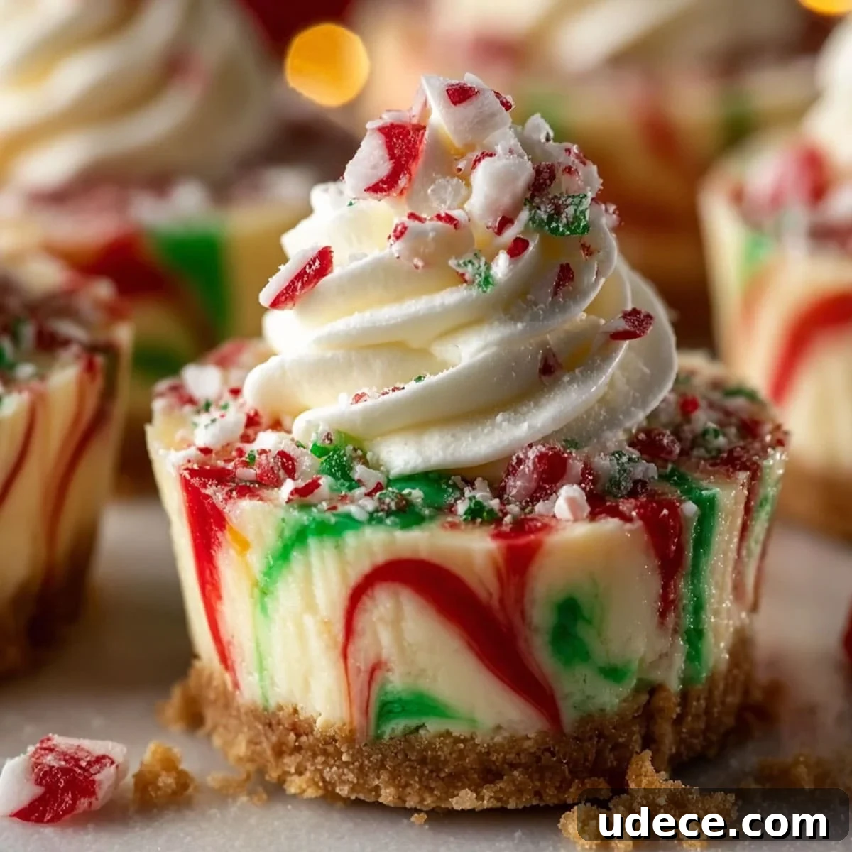 Holiday-themed mini cheesecakes with graham cracker crust and peppermint topping
