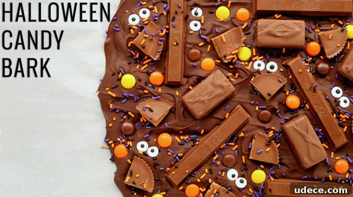 Halloween Candy Bark: Quick No-Bake Recipe for Kids' Treats 2 A close up of melted chocolate with mini Halloween candies and edible eyes on parchment paper. Text reads