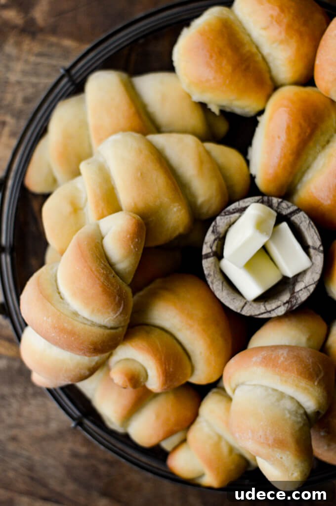 Perfect Homemade Cinnamon Rolls Recipe for Soft, Gooey Swirls 12 A basket with a bunch of baked crescent shaped bread rolls with butter cubes in the center.