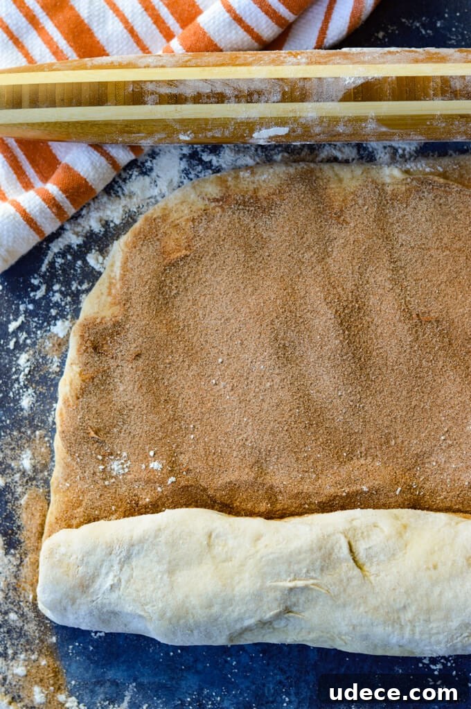 Perfect Homemade Cinnamon Rolls Recipe for Soft, Gooey Swirls 5 Cinnamon roll dough partially rolled and spread with butter, cinnamon and sugar.