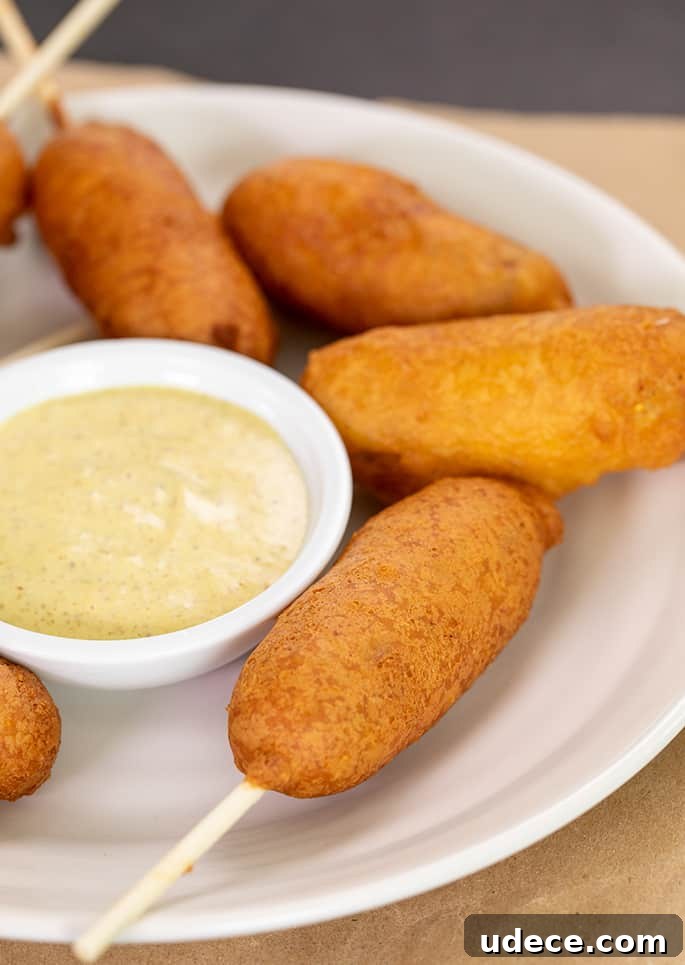 White plate with corn dogs arranged on top of brown paper and white stick in foreground