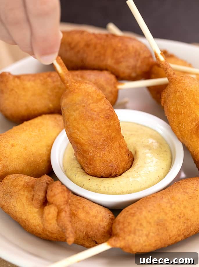 Hand holding stick of corn dog to dip it in small bowl of mustard