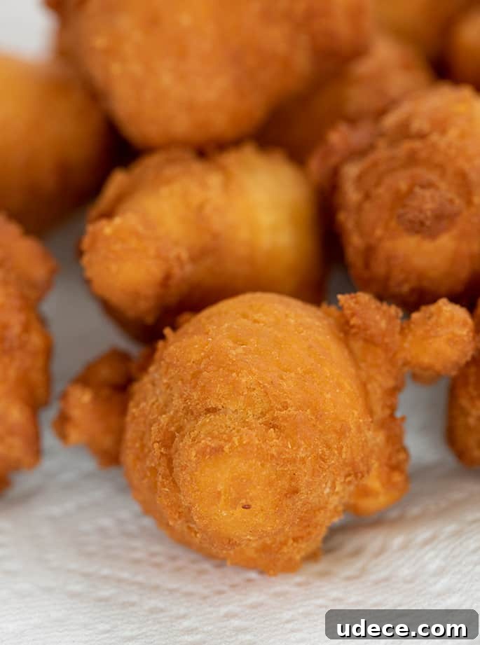 closeup of irregularly shaped fritters on white paper towel