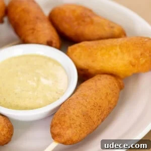 gluten free corn dogs on sticks on white plate with small bowl of yellow mustard