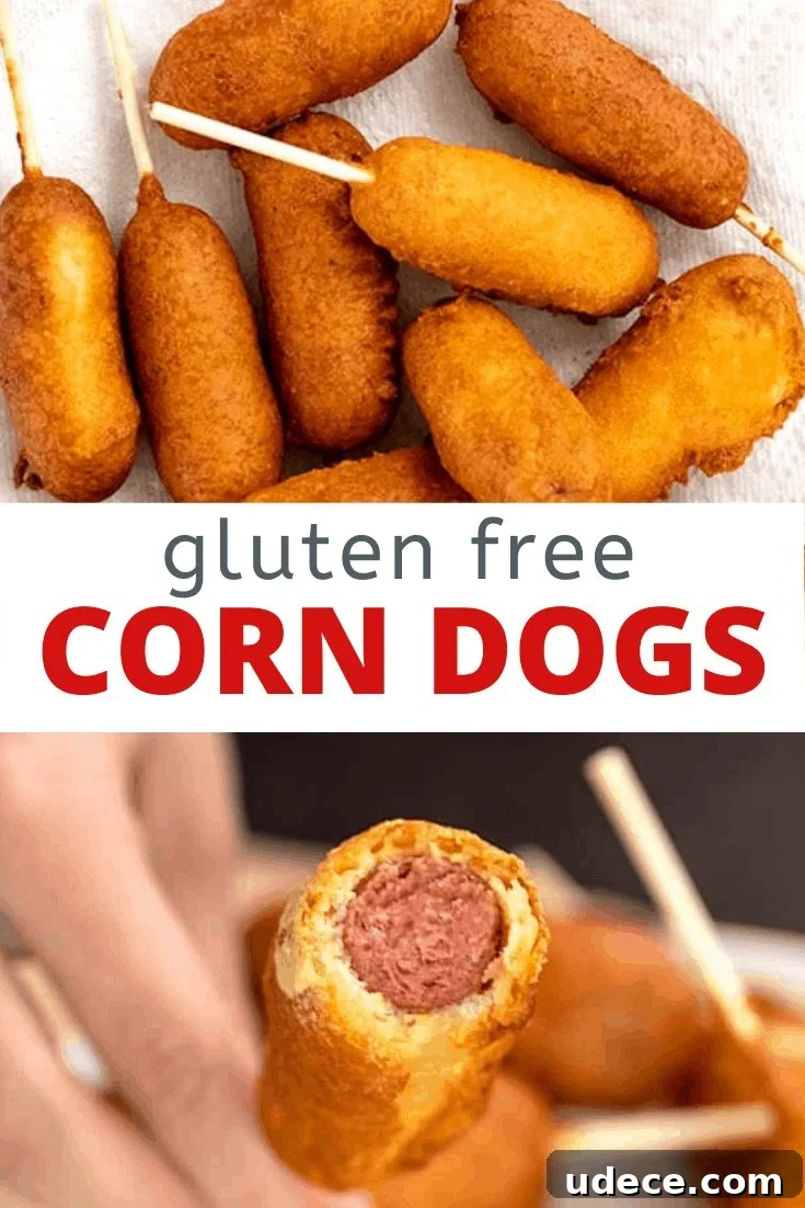 Words gluten free corn dogs with overhead image of overlapping corn dogs and hand holding bitten corn dog