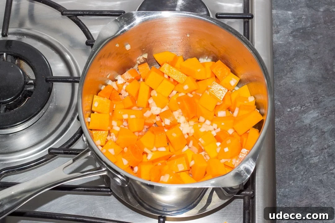 Curried Coconut Lentil Soup with Warm Spices Recipe 8 vegetables frying in a large pot on the hob