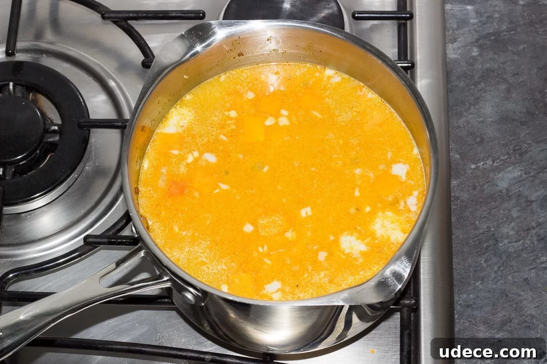 Curried Coconut Lentil Soup with Warm Spices Recipe 16 curried coconut lentil soup simmering in a large pot on the hob