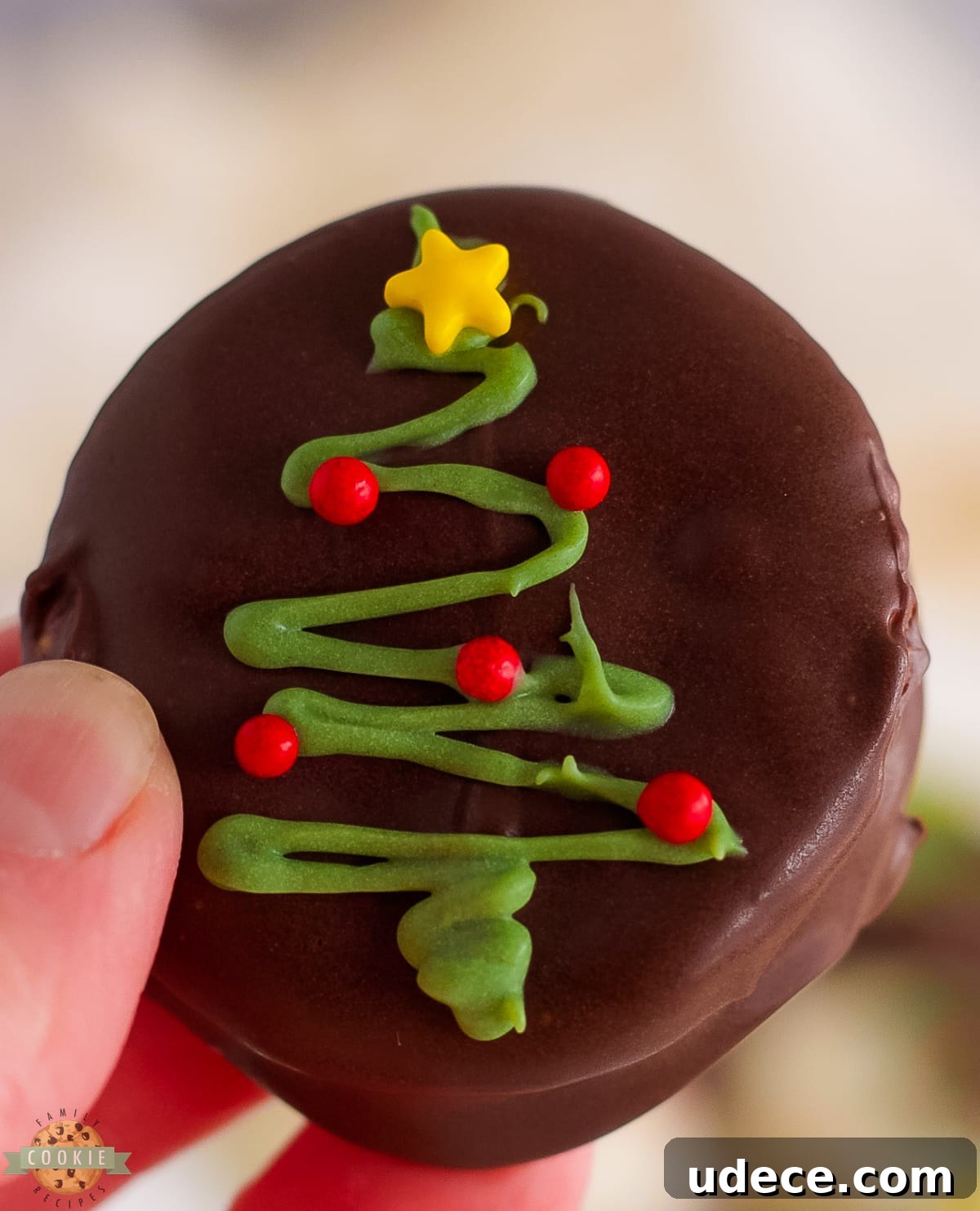 Chocolate Ritz Cracker Cookies with Melted Chocolate Drizzle 3 Christmas tree on a chocolate Ritz cookie