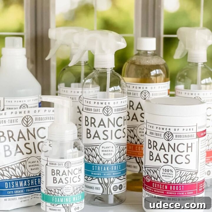 collection of branch basics bottles in front of a window