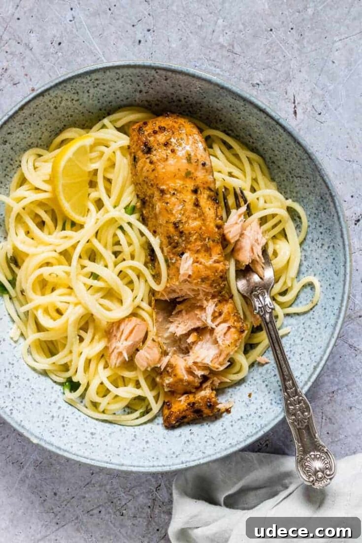 A bowl of lemon butter salmon pasta