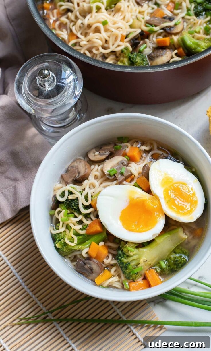 One serving of ramen noodle soup in a white bowl