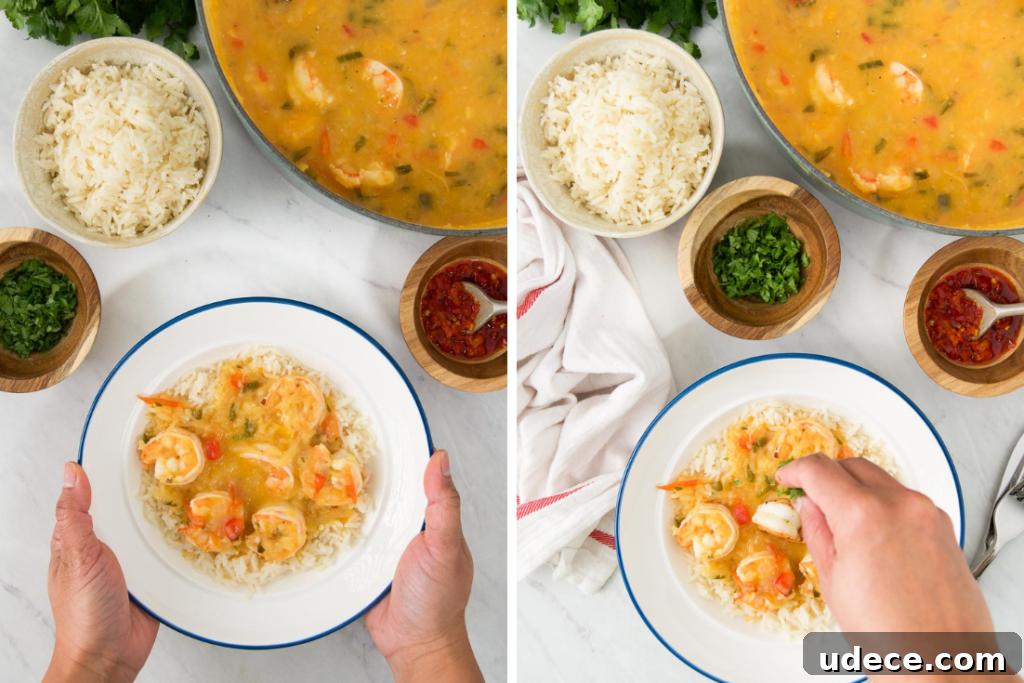 Bobó de Camarão: Creamy Brazilian Shrimp Stew Recipe 9 a collage showing a bowl of Bobo de camarao and a person adding cilantro to a bowl