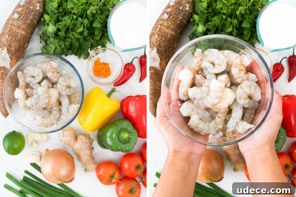 Bobó de Camarão: Creamy Brazilian Shrimp Stew Recipe 4 Collage showing ingredients for Bobo de camarao recipe and a bowl of shrimp