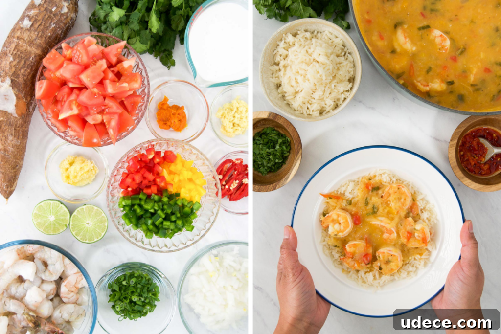 Bobó de Camarão: Creamy Brazilian Shrimp Stew Recipe 5 Collage showing vegetables for the recipe and a person holding a bowl of Bobo de camarao over rice