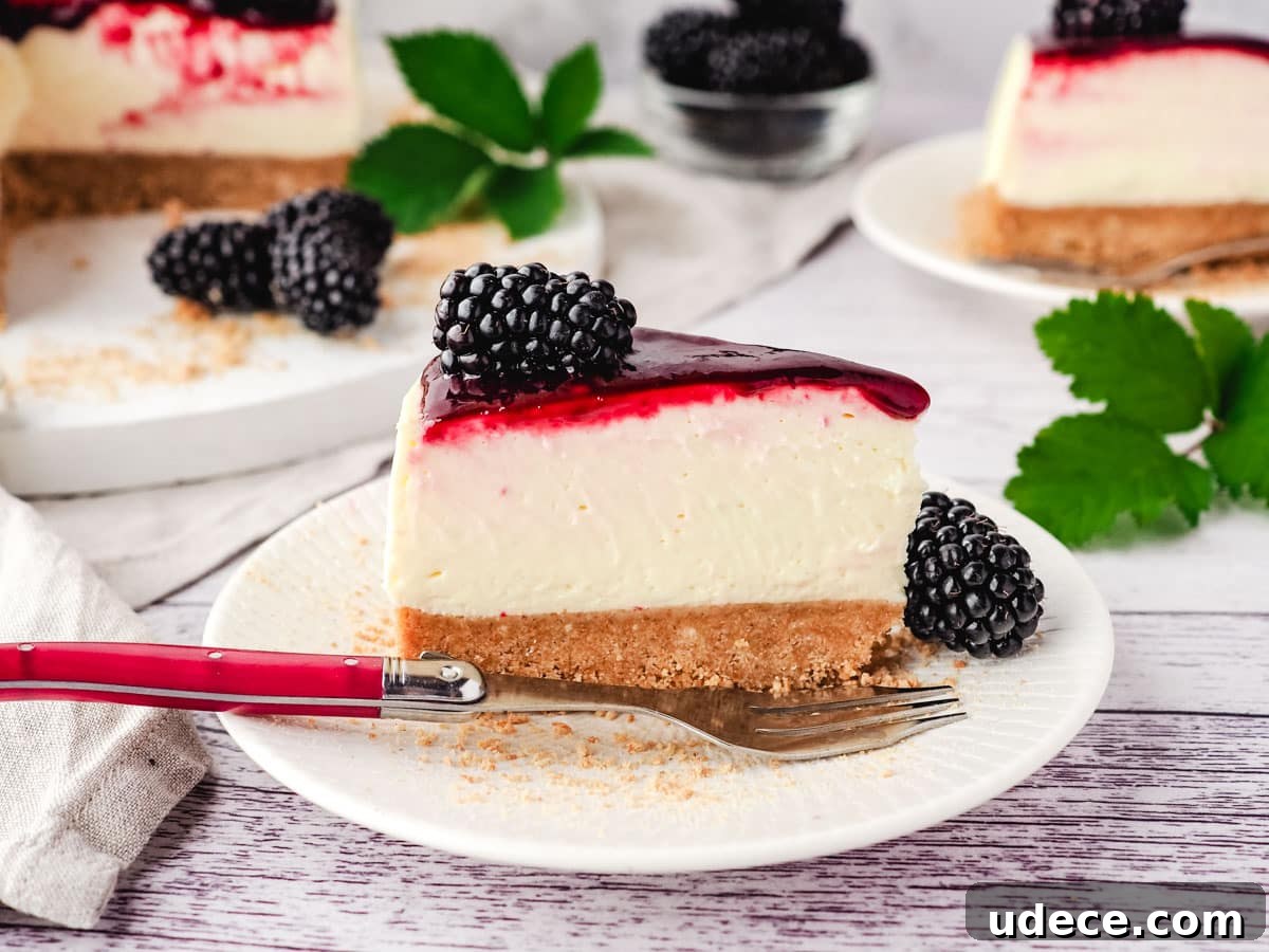 Decadent Blackberry Cheesecake Recipe with Fresh Fruit Topping 2 Slice of no bake blackberry cheesecake on a plate with fork, and rest of cake in background.
