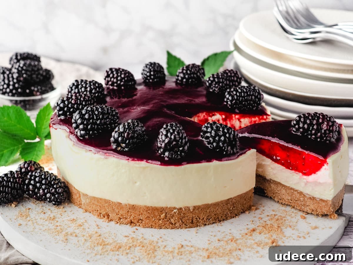 Decadent Blackberry Cheesecake Recipe with Fresh Fruit Topping 10 Taking a slice out of a cheesecake with blackberry coulis topping.