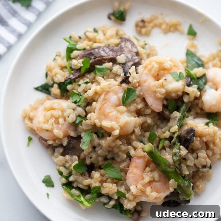 A white plate contains a serving of shrimp risotto.