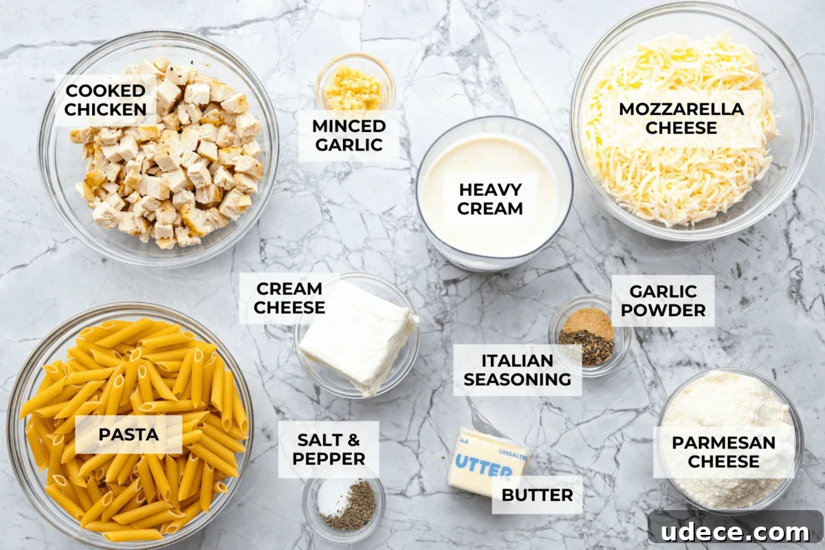 Ingredients for Baked Chicken Alfredo Overhead shot of labeled ingredients.