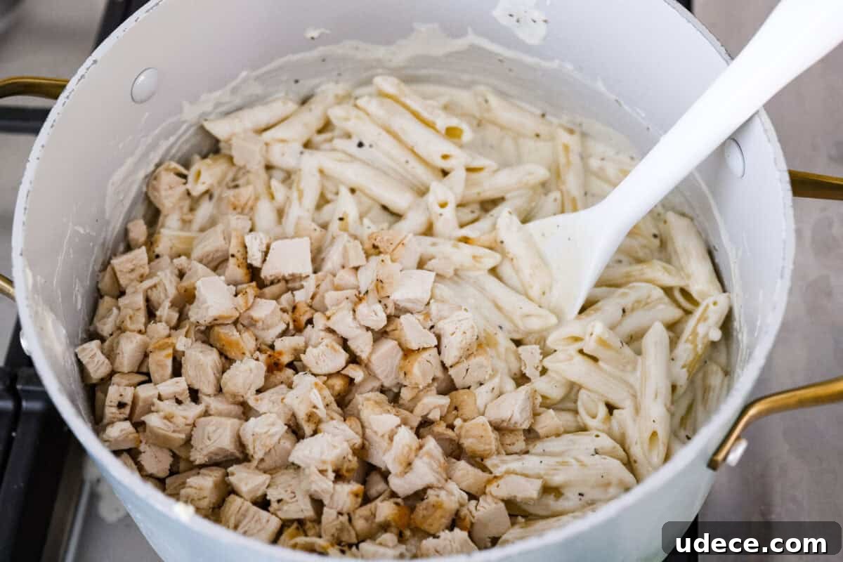 Creamy Baked Chicken Alfredo Pasta Casserole Recipe 5 Adding the cooked chicken and pasta to the sauce.
