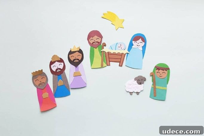 nativity scene with holy family, shepherd, wise men, and a sheep and star