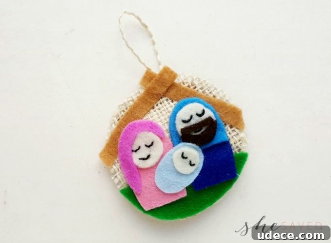 nativity ornament made out of felt and burlap