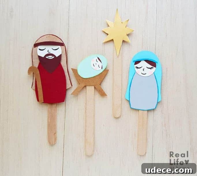 mary, joseph, jesus, and star nativity puppets
