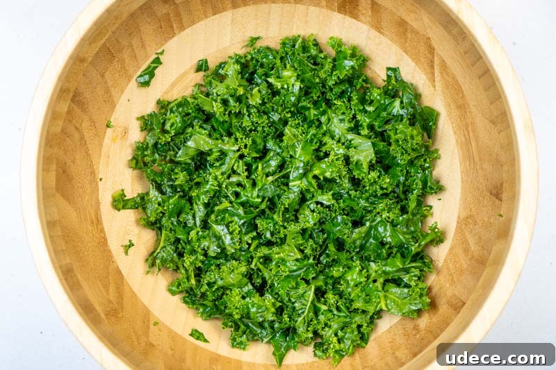 Chicken, Kale & Pomegranate Freekeh Salad with Feta 4 Prepping the kale