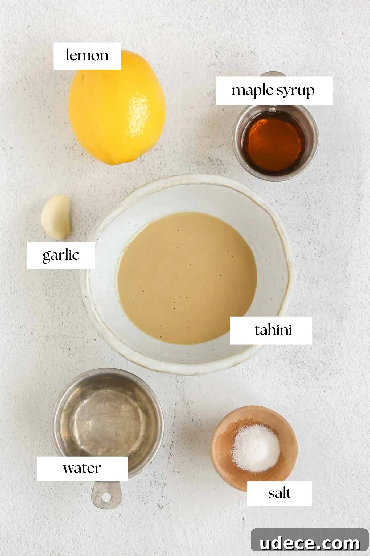 Maple Tahini Dressing Recipe for Salads and Bowls 3 Labeled ingredients for maple tahini dressing.