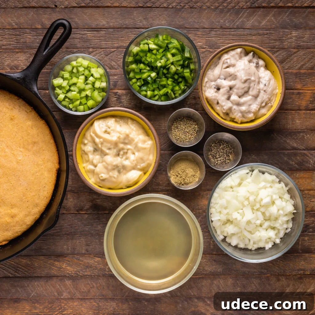 Southern-Style Cornbread Dressing Recipe for Holidays 3 cornbread dressing ingredients - southern cornbread, diced onion, diced green pepper, diced celery, cream of chicken, cream of mushroom, chicken stock, black pepper, dried ground sage and poultry seasoning