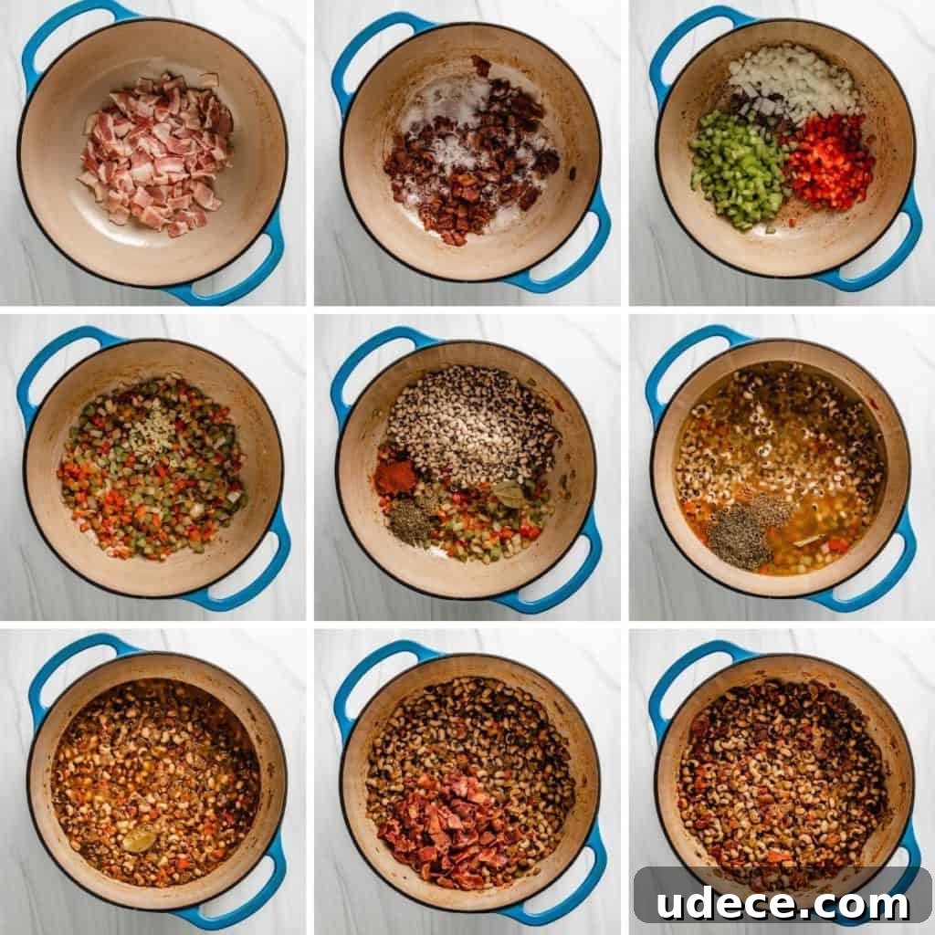 Classic Hoppin' John Recipe: Southern New Year Black-Eyed Peas 3 Collage showing how to make hoppin' john.