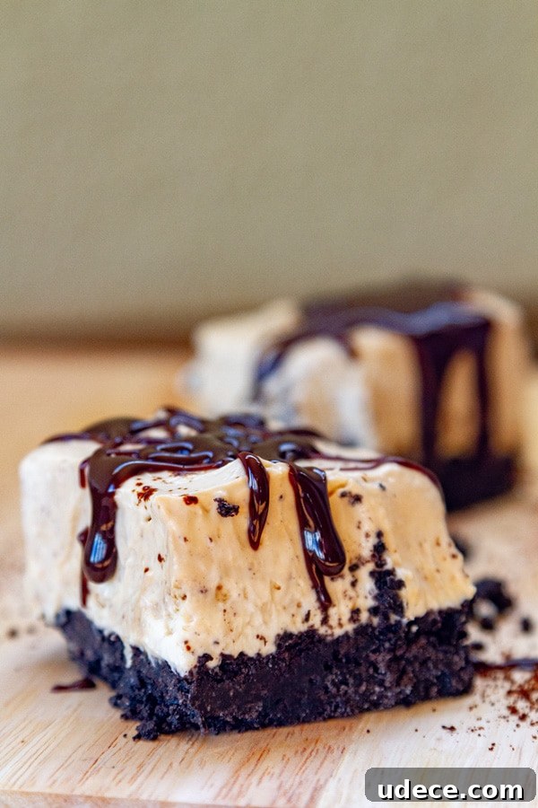 two pieces of cheesecake on a wooden serving plate drizzled with chocolate sauce.