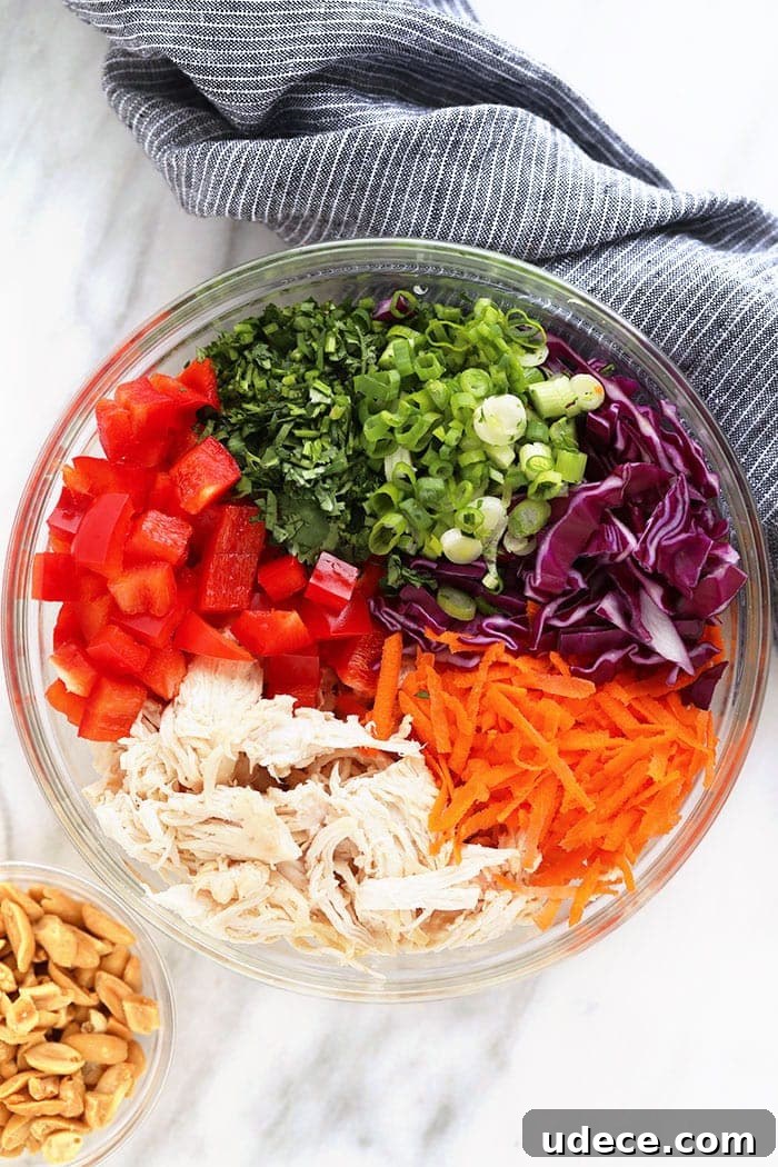 thai peanut chicken salad ingredients in a bowl