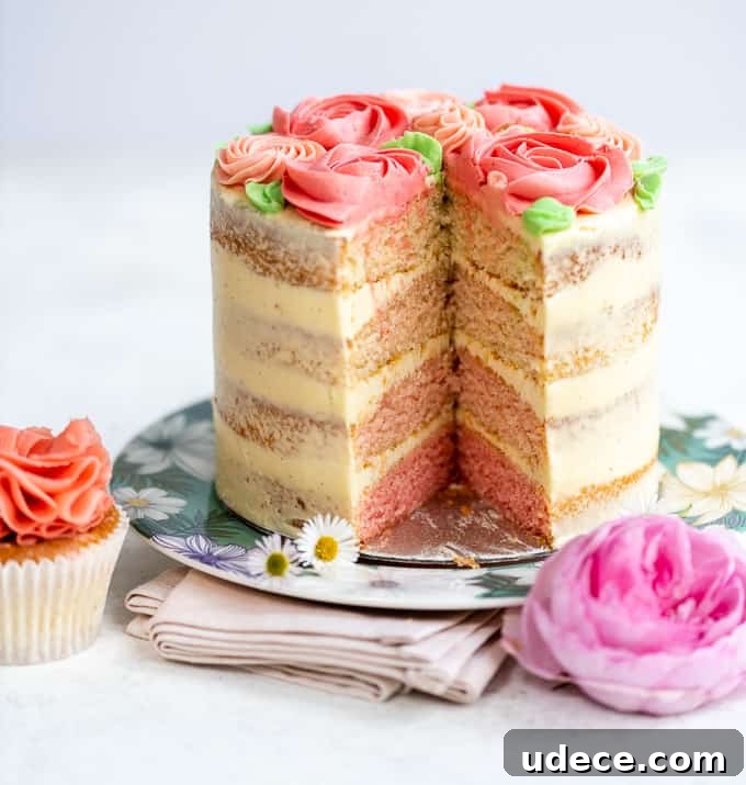 Pink Ombre Cake with Vanilla Buttercream Frosting for Parties 14 Pink ombre layer cake with slice taken out showing coloured layers