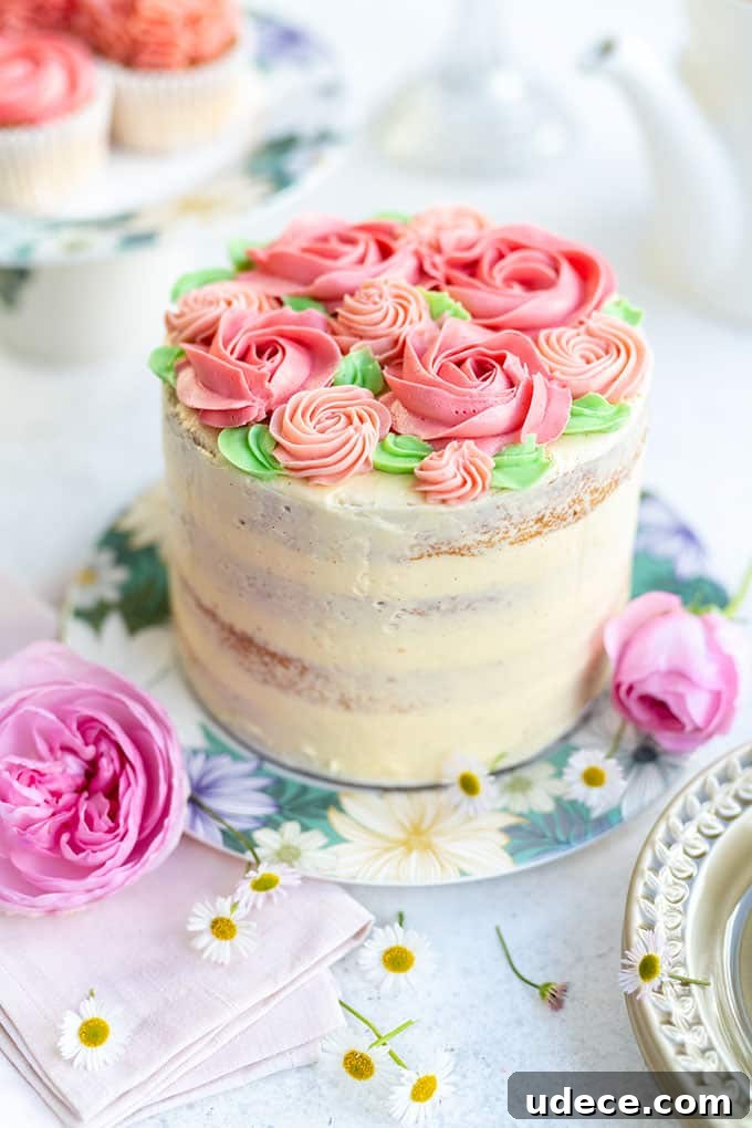 Pink Ombre Cake with Vanilla Buttercream Frosting for Parties 15 Pink ombre layer cake decorated with pink buttercream roses
