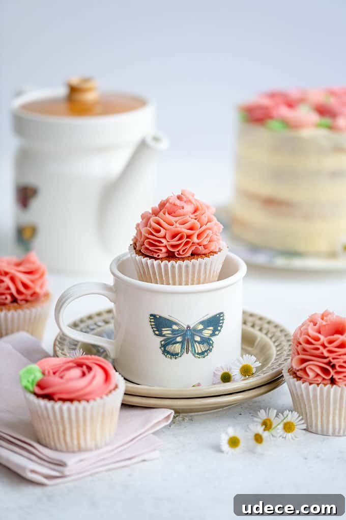 Pink Ombre Cake with Vanilla Buttercream Frosting for Parties 3 Pretty cupcake with ruffled buttercream frosting in teacup