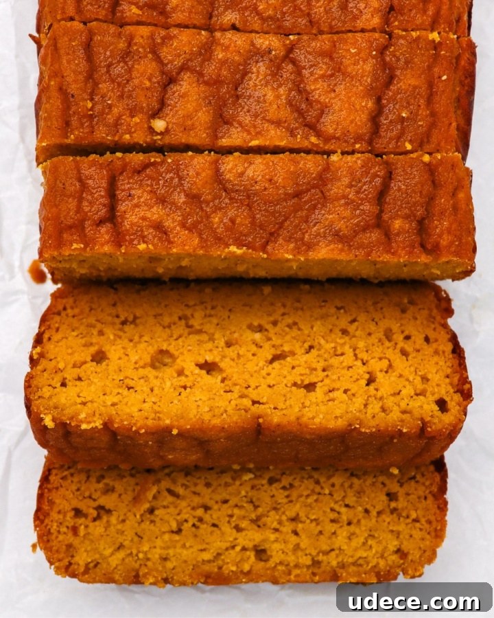 Moist Keto Pumpkin Bread Made with Coconut Flour 2 Keto Pumpkin Bread sliced overhead shot