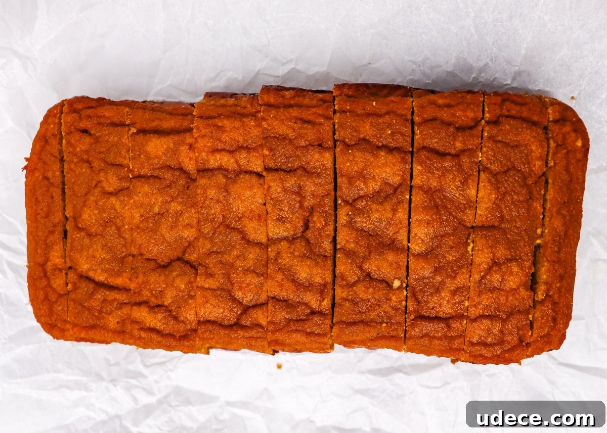 Moist Keto Pumpkin Bread Made with Coconut Flour 10 Sliced Keto Pumpkin Bread full overhead shot