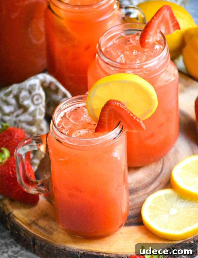 Refreshing Strawberry Lemonade Recipe: Homemade & Sparkling 2 ice filled glasses of strawberry lemonade garnished with fresh lemon & strawberry slices