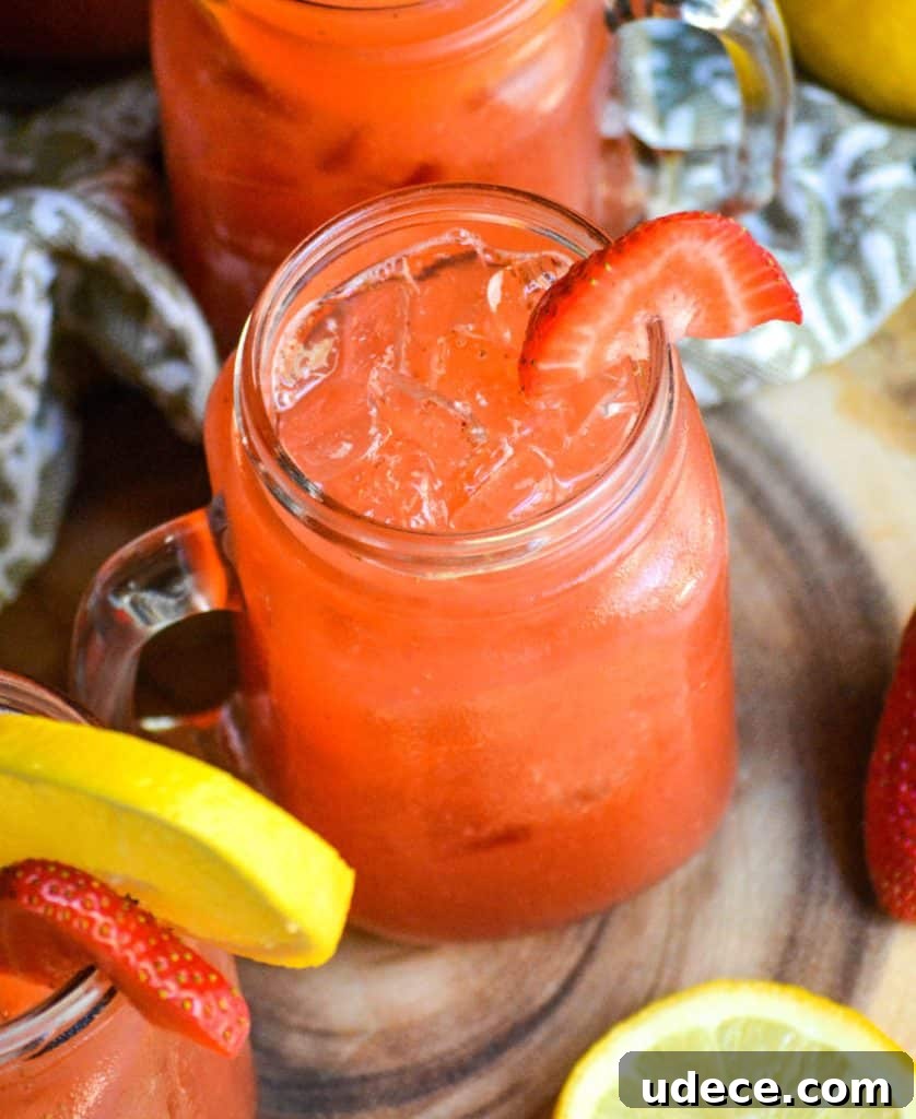 Refreshing Strawberry Lemonade Recipe: Homemade & Sparkling 3 ice filled glasses of strawberry lemonade garnished with fresh lemon & strawberry slices