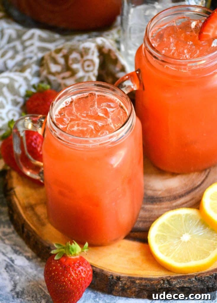 Refreshing Strawberry Lemonade Recipe: Homemade & Sparkling 4 easy strawberry lemonade in glasses over ice on a wooden cutting board