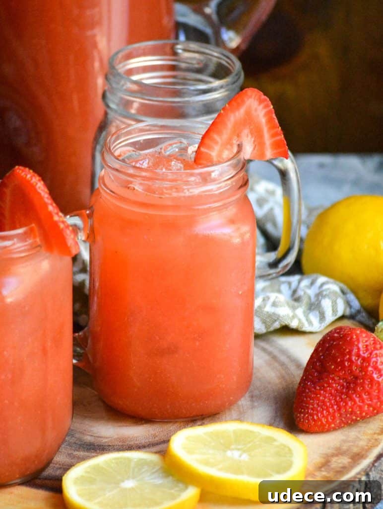 Refreshing Strawberry Lemonade Recipe: Homemade & Sparkling 6 ice filled glasses of easy strawberry lemonade garnished with a fresh strawberry slice