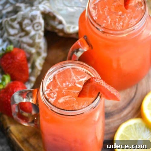 Refreshing Strawberry Lemonade Recipe: Homemade & Sparkling 7 easy strawberry lemonade in glasses over ice on a wooden cutting board