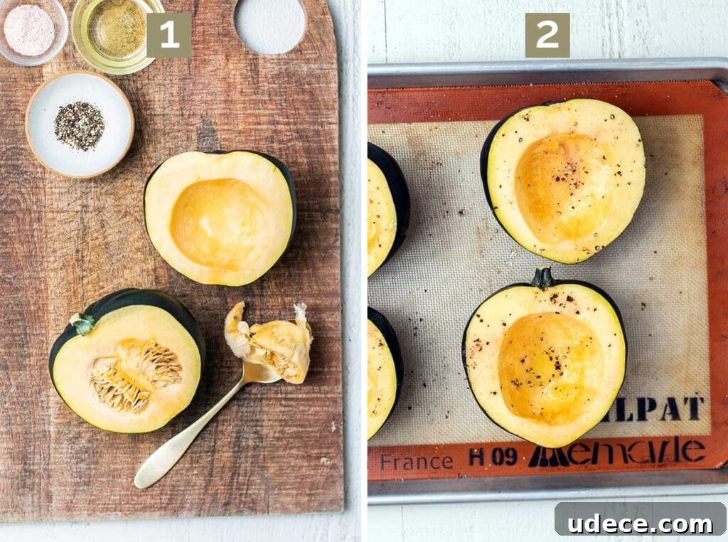 Sausage-Stuffed Acorn Squash Roast with Maple Glaze 5 The ingredients arranged showing slicing and seasoning steps.