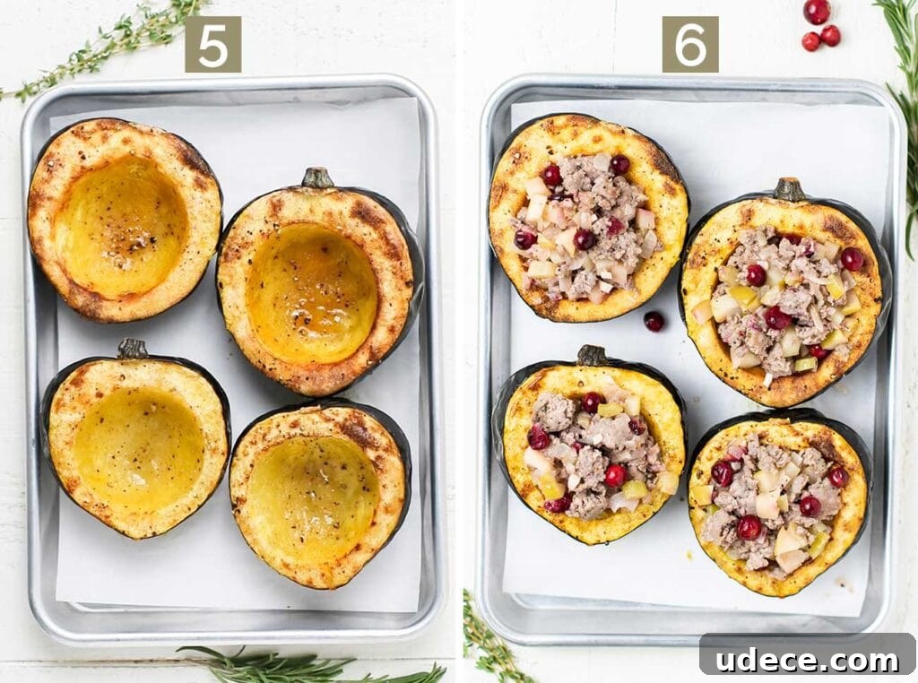 Sausage-Stuffed Acorn Squash Roast with Maple Glaze 7 Stuffed acorn squash ready to serve.