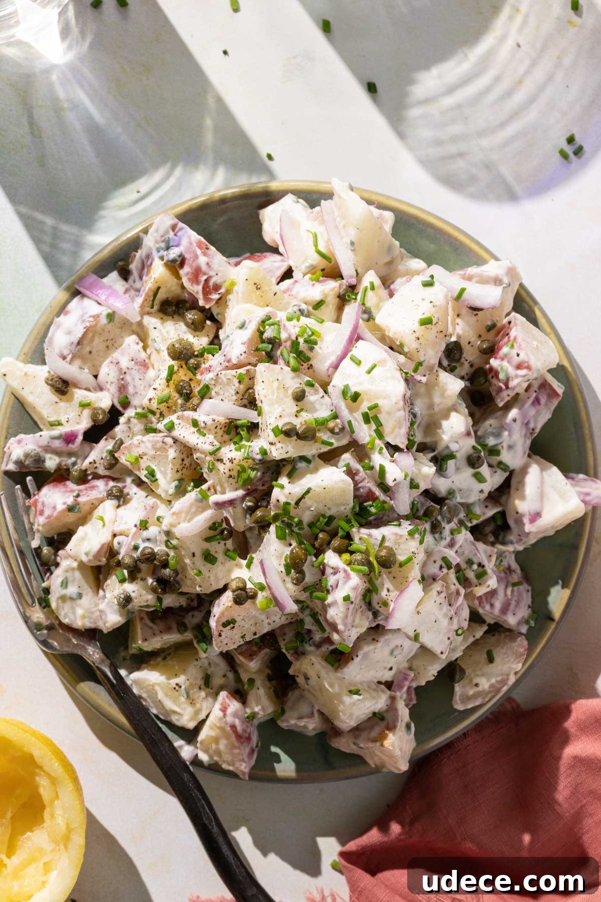 Creme fraiche potato salad on a counter.