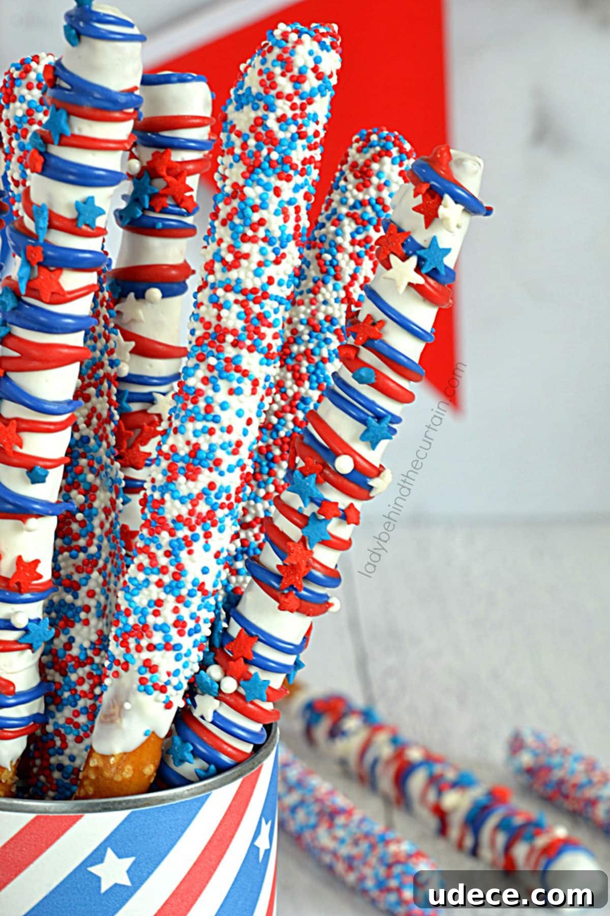 Festive pretzel sticks covered in icing.
