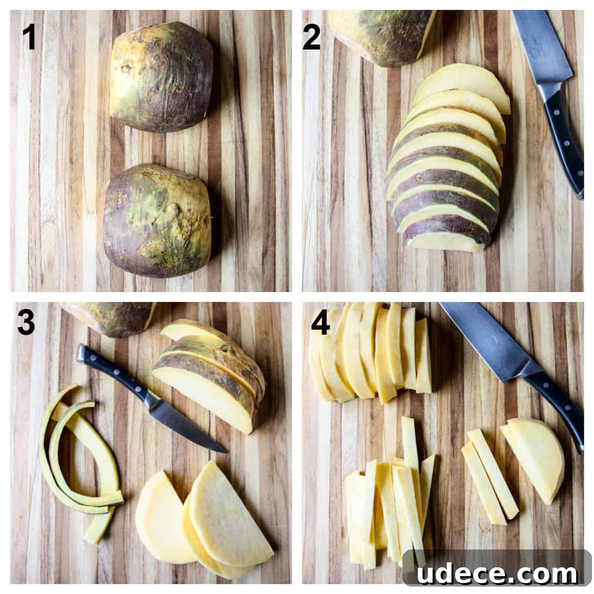 Crispy Air Fryer Rutabaga Fries with Garlic Parmesan Dip 5 Step by step photos of how to peel and slice a swede.