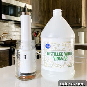 Guide to Cleaning and Maintaining Your Immersion Circulator 3 A large bottle of distilled white vinegar and a jar with a white handheld device inside—perfect for learning how to clean your immersion circulator—are placed on a white kitchen countertop with a stove and wooden cabinets in the background.