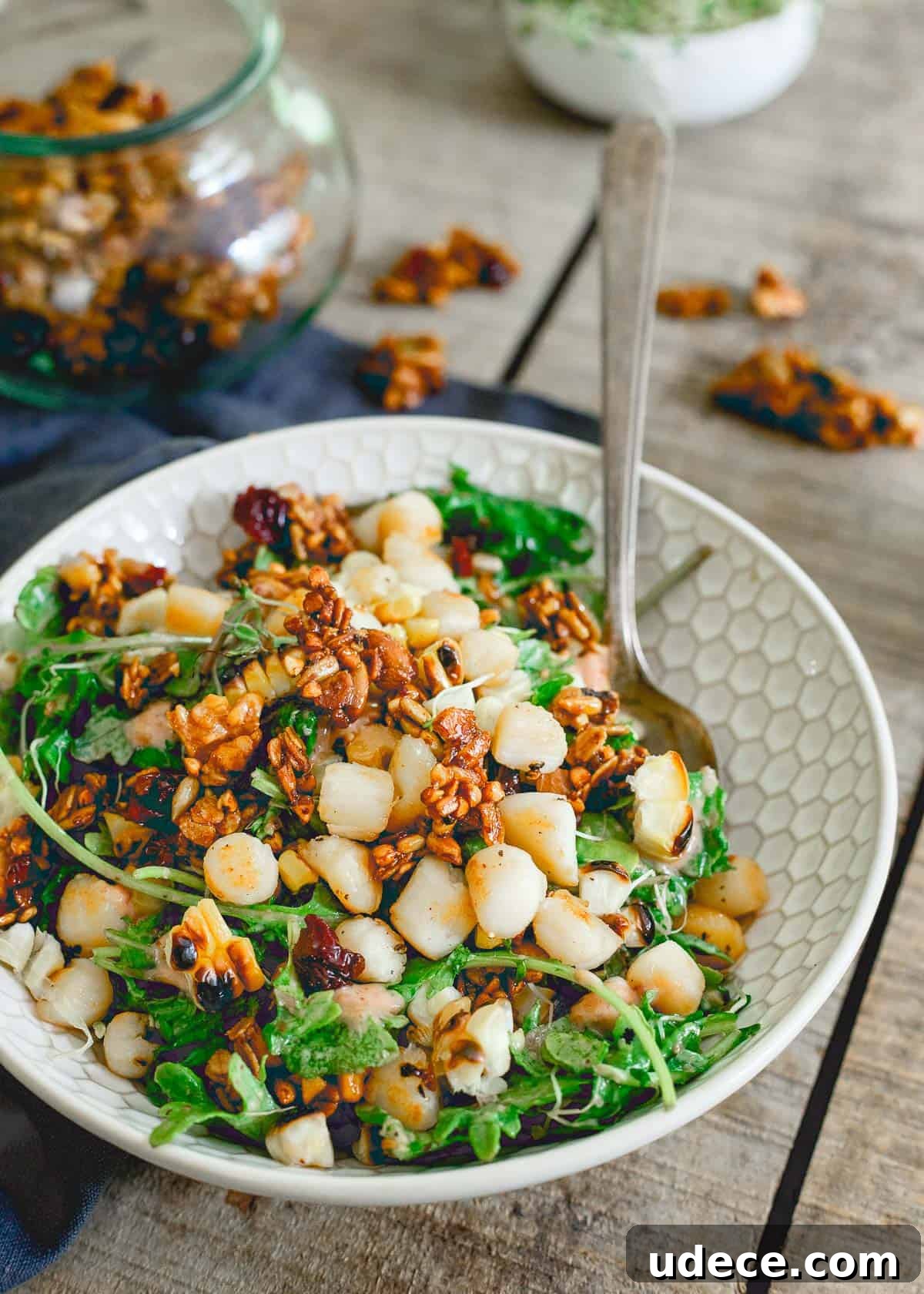 Make healthy eating in the summer delicious and fun with this bay scallop baby kale corn salad with savory tart cherry granola. Make healthy eating in the summer delicious and fun with this bay scallop baby kale corn salad with savory tart cherry granola.